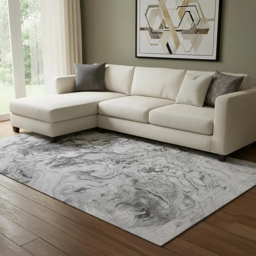 Gray And Ivory Abstract Washable Area Rug With UV Protection Photo 1