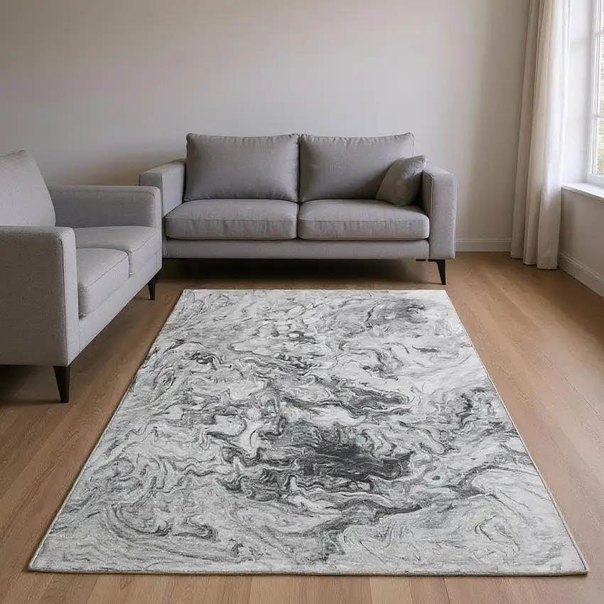 Gray And Ivory Abstract Washable Area Rug With UV Protection Photo 2