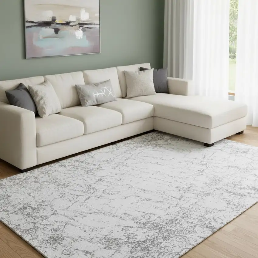 Gray And Ivory Abstract Washable Area Rug With UV Protection Photo 1