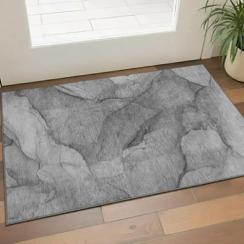 Gray And Ivory Abstract Washable Area Rug With UV Protection Photo 1