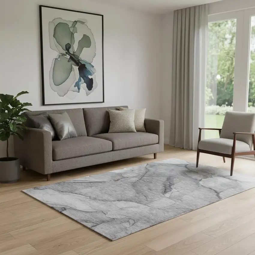 Gray And Ivory Abstract Washable Area Rug With UV Protection Photo 1