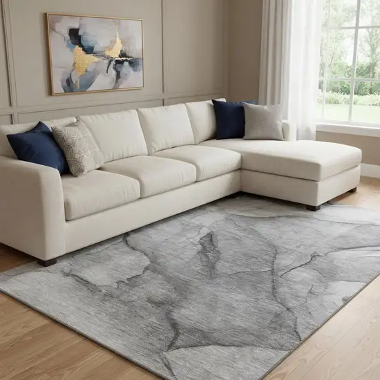 Gray And Ivory Abstract Washable Area Rug With UV Protection Photo 1