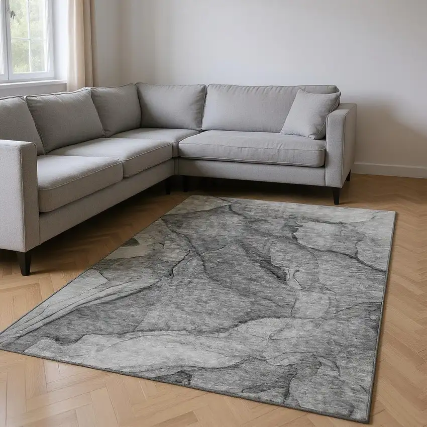 Gray And Ivory Abstract Washable Area Rug With UV Protection Photo 2