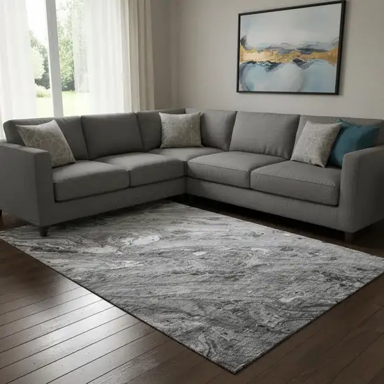 Gray And Ivory Abstract Washable Area Rug With UV Protection Photo 1