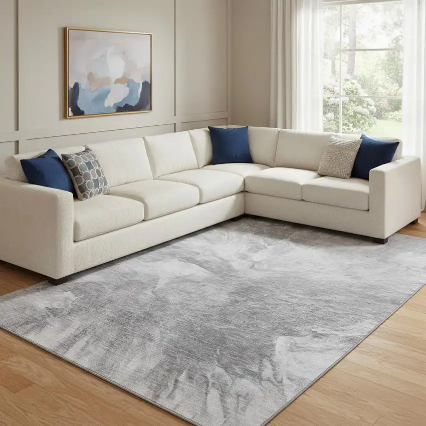 Gray And Ivory Abstract Washable Area Rug With UV Protection Photo 1