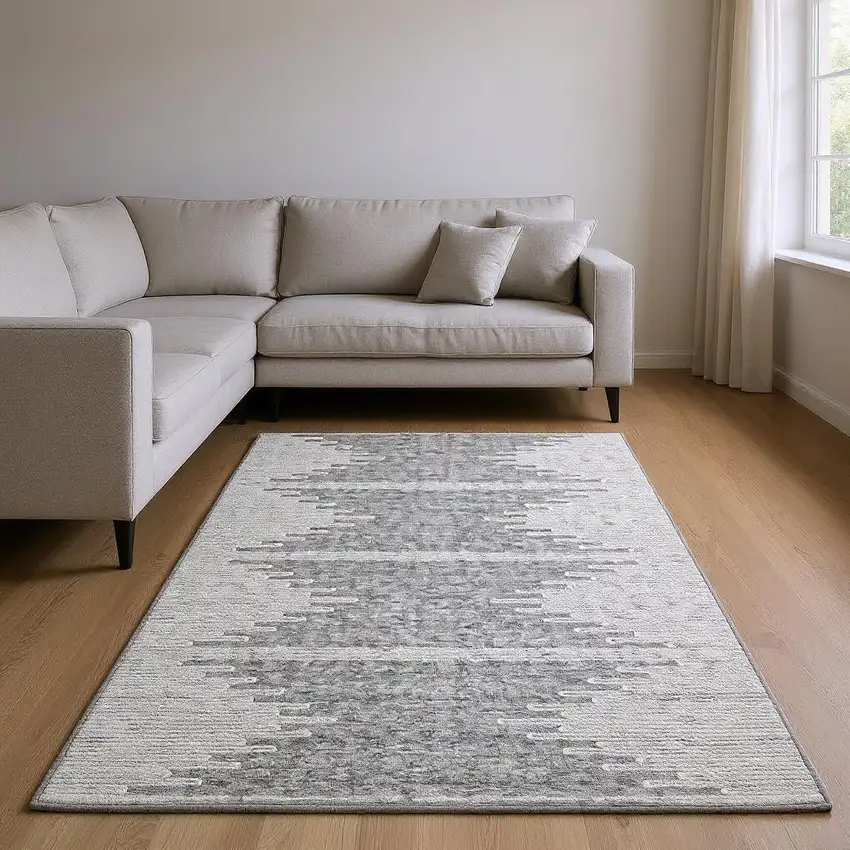 Gray And Ivory Abstract Washable Area Rug With UV Protection Photo 2