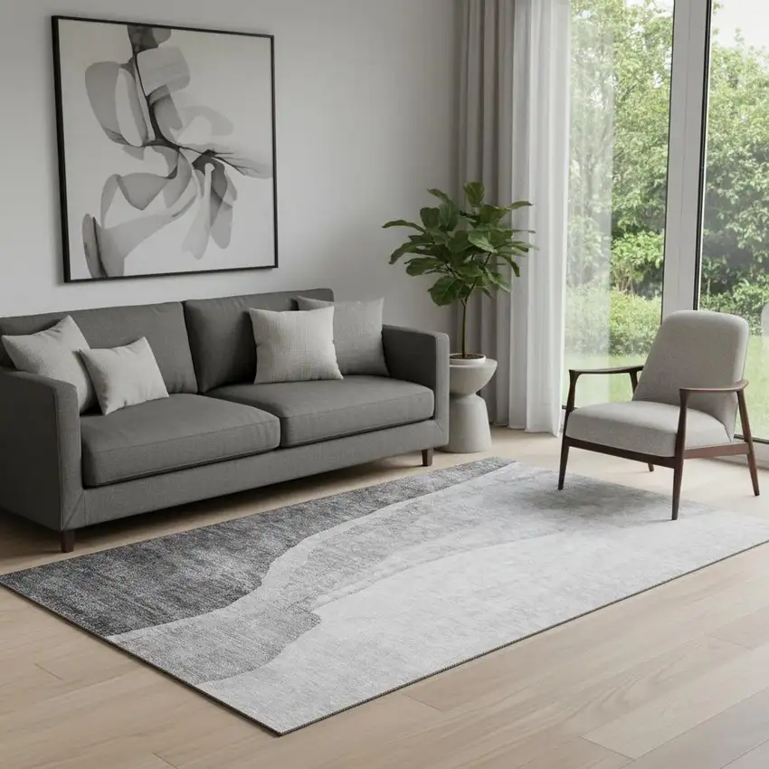 Gray And Ivory Abstract Washable Area Rug With UV Protection Photo 1