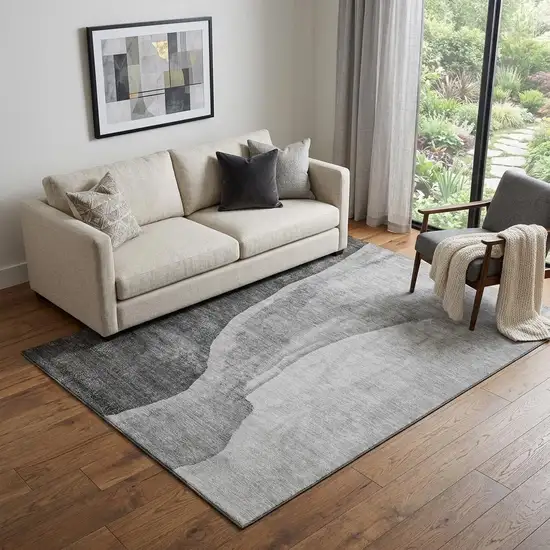 Gray And Ivory Abstract Washable Area Rug With UV Protection Photo 1