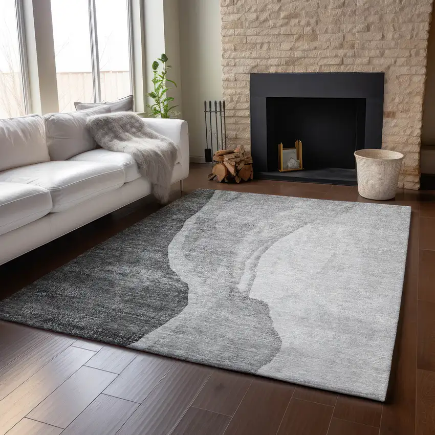 Gray And Ivory Abstract Washable Area Rug With UV Protection Photo 5
