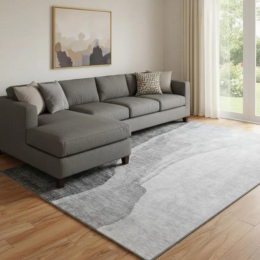 Gray And Ivory Abstract Washable Area Rug With UV Protection Photo 1