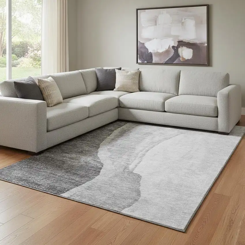 Gray And Ivory Abstract Washable Area Rug With UV Protection Photo 1