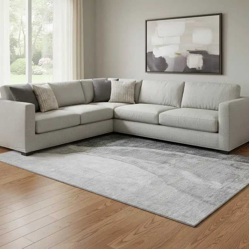 Gray And Ivory Abstract Washable Area Rug With UV Protection Photo 1