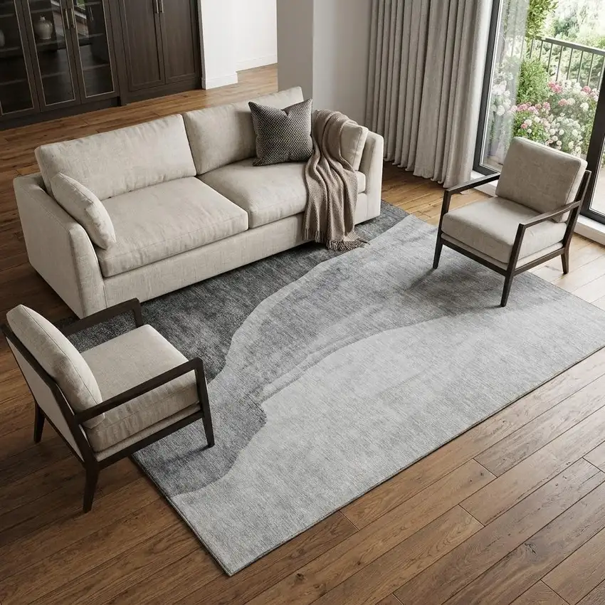 Gray And Ivory Abstract Washable Area Rug With UV Protection Photo 1