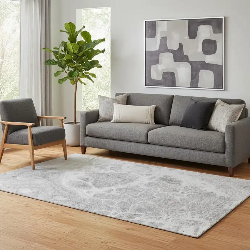 Gray And Ivory Abstract Washable Area Rug With UV Protection Photo 1