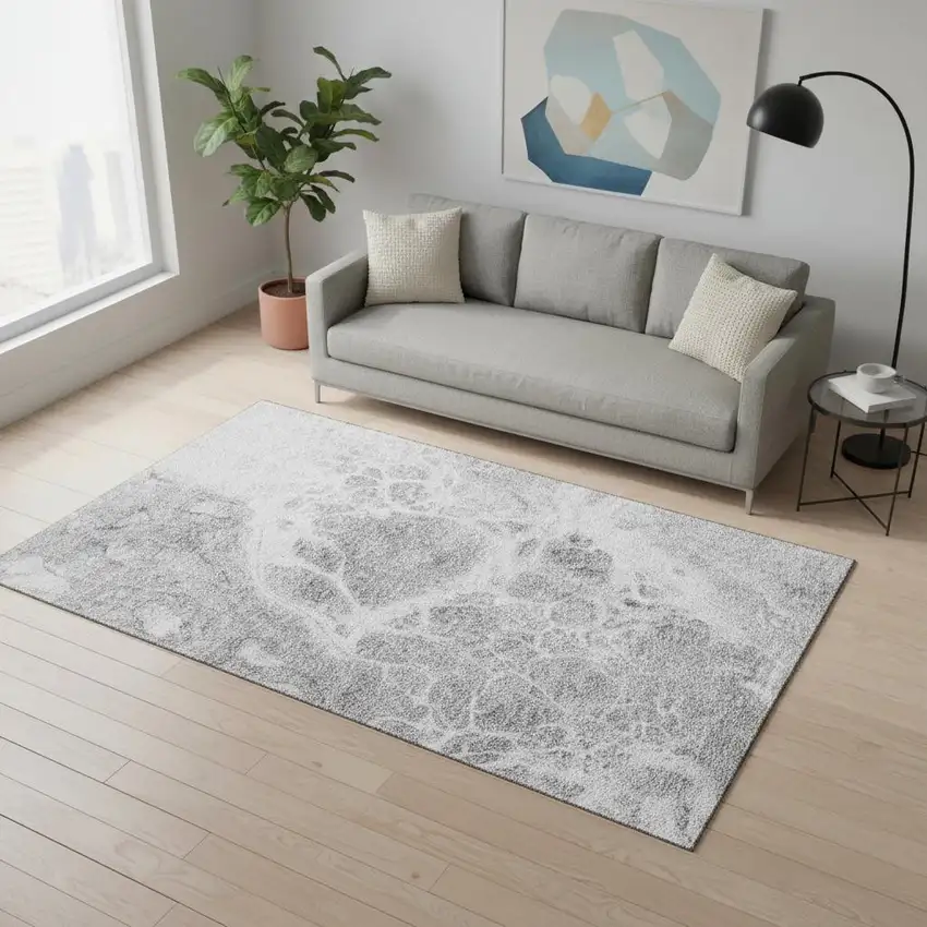 Gray And Ivory Abstract Washable Area Rug With UV Protection Photo 1