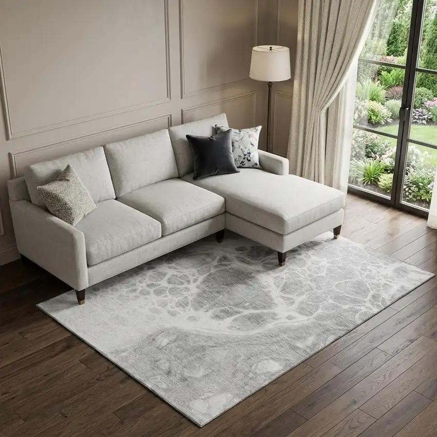 Gray And Ivory Abstract Washable Area Rug With UV Protection Photo 1