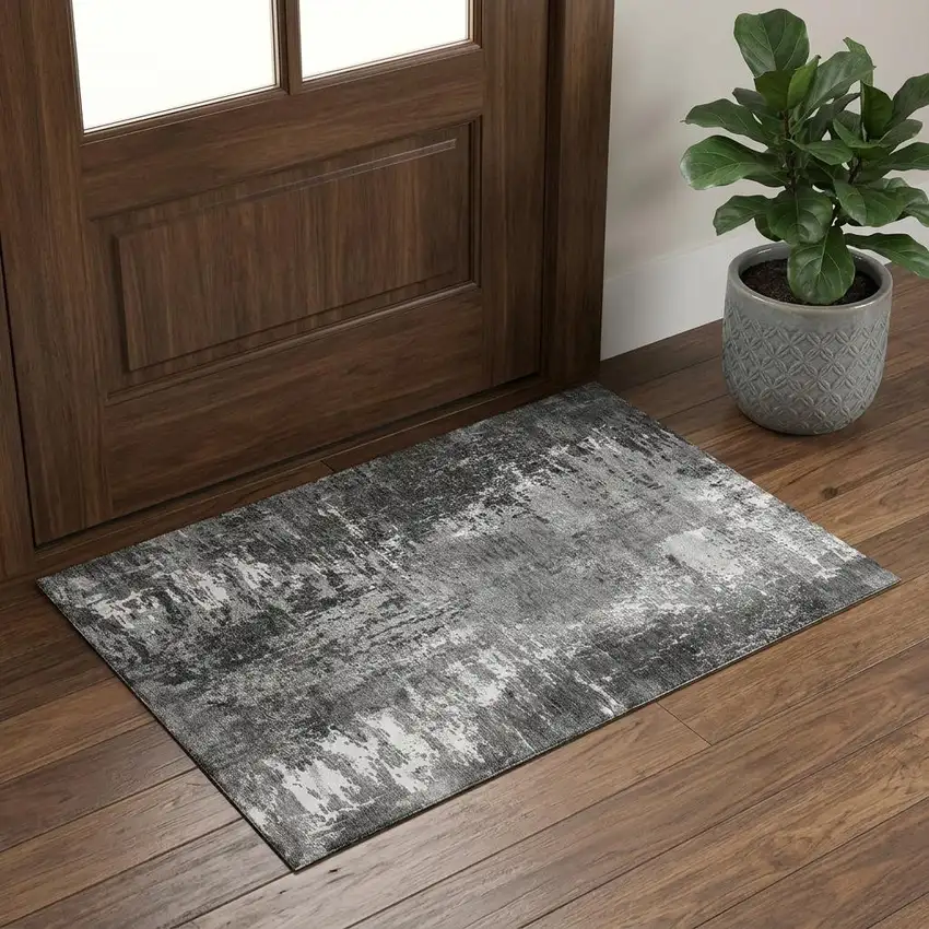 Gray And Ivory Abstract Washable Area Rug With UV Protection Photo 1