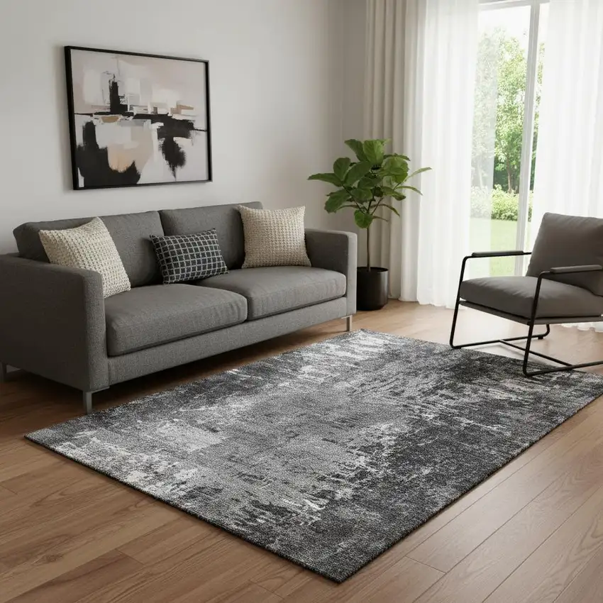 Gray And Ivory Abstract Washable Area Rug With UV Protection Photo 1