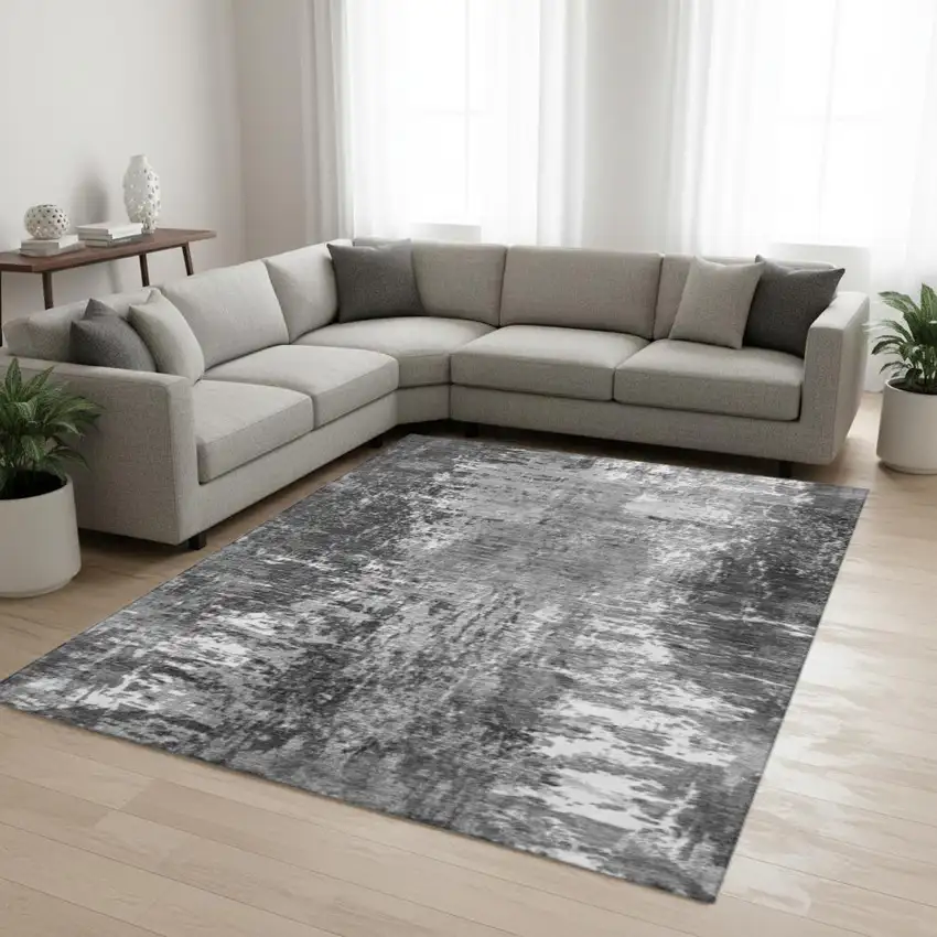 Gray And Ivory Abstract Washable Area Rug With UV Protection Photo 1