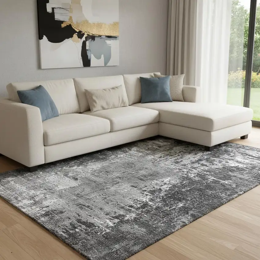 Gray And Ivory Abstract Washable Area Rug With UV Protection Photo 1