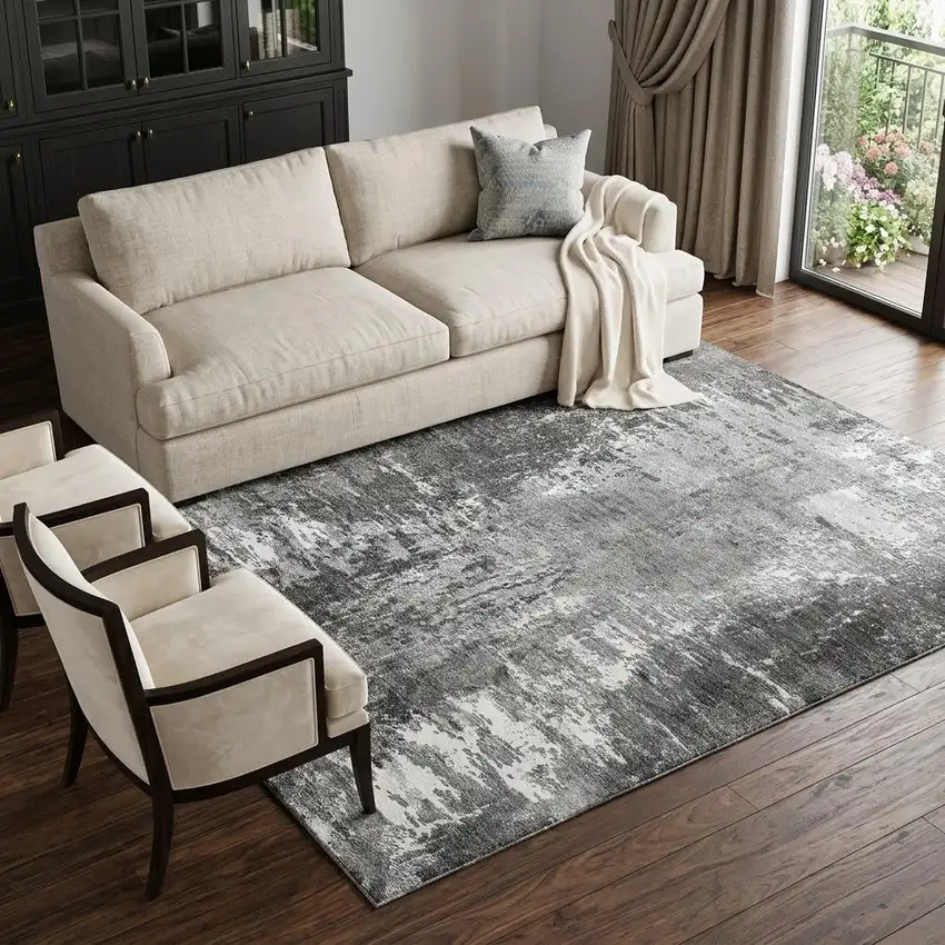 Gray And Ivory Abstract Washable Area Rug With UV Protection Photo 1