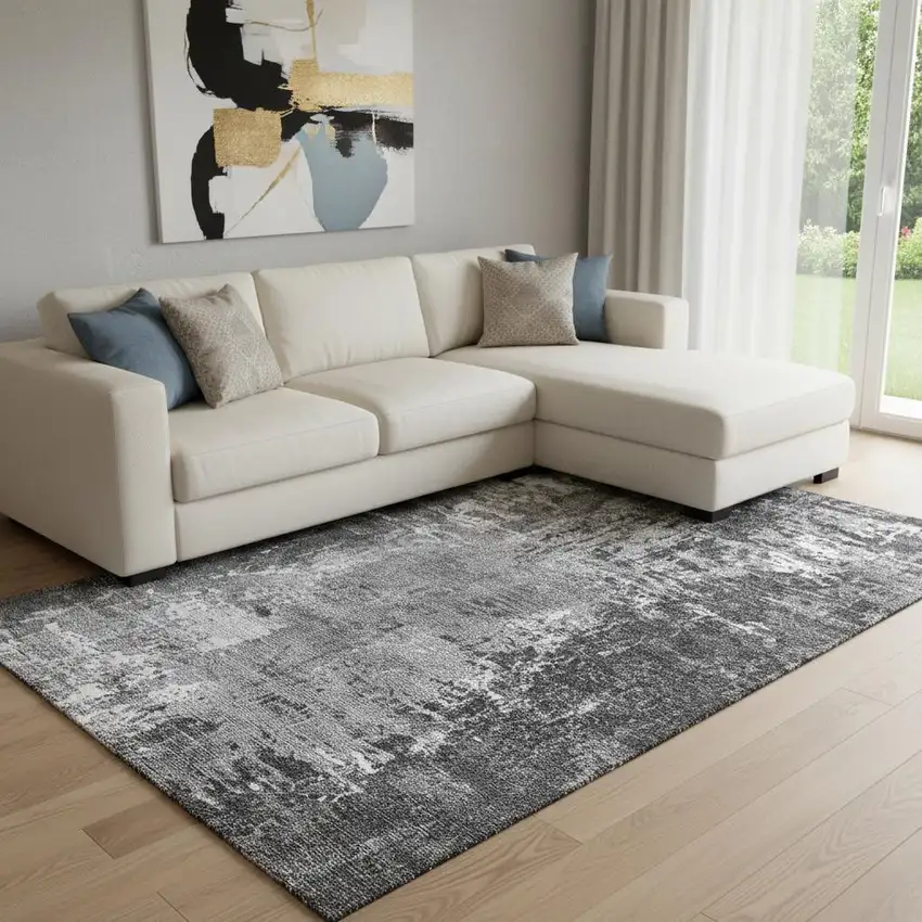 Gray And Ivory Abstract Washable Area Rug With UV Protection Photo 1