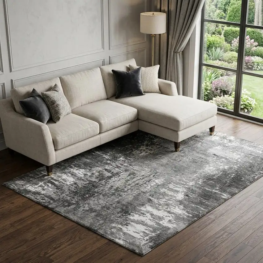 Gray And Ivory Abstract Washable Area Rug With UV Protection Photo 1