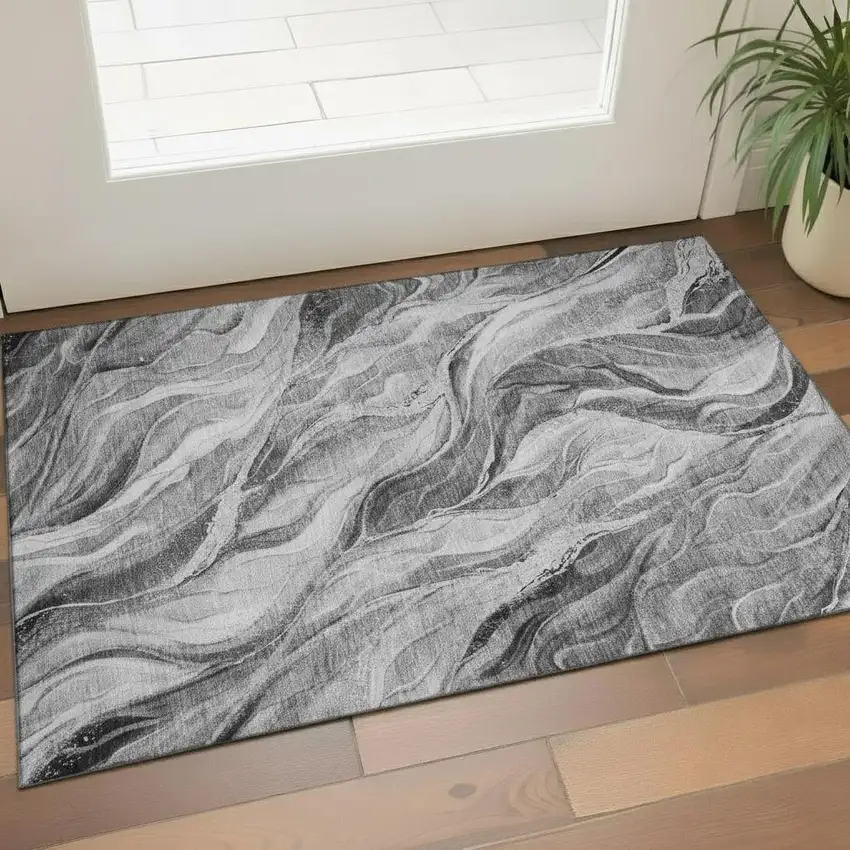 Gray And Ivory Abstract Washable Area Rug With UV Protection Photo 1