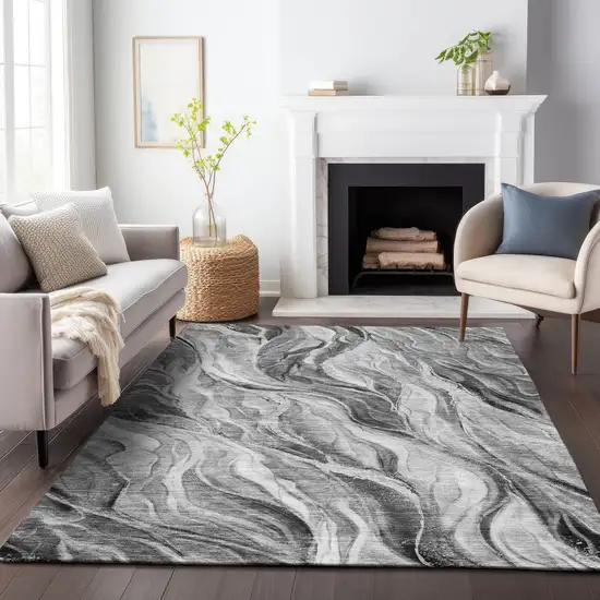 Gray And Ivory Abstract Washable Area Rug With UV Protection Photo 3