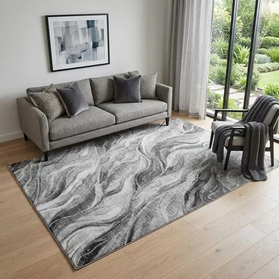 Gray And Ivory Abstract Washable Area Rug With UV Protection Photo 1