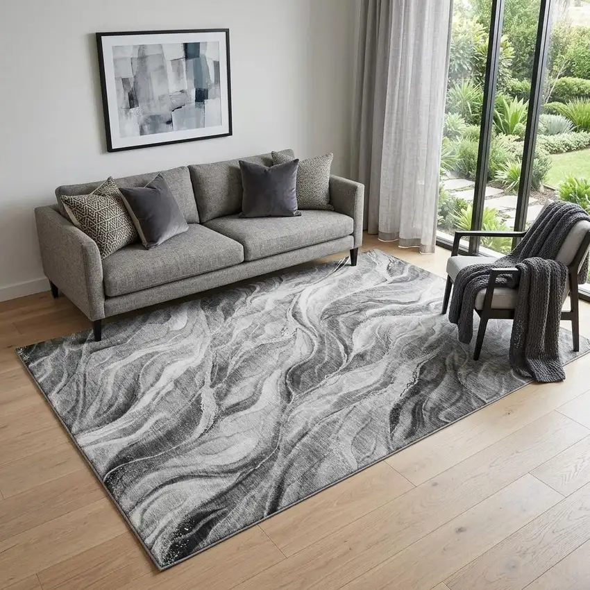 Gray And Ivory Abstract Washable Area Rug With UV Protection Photo 1