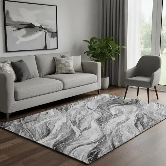 Gray And Ivory Abstract Washable Area Rug With UV Protection Photo 1