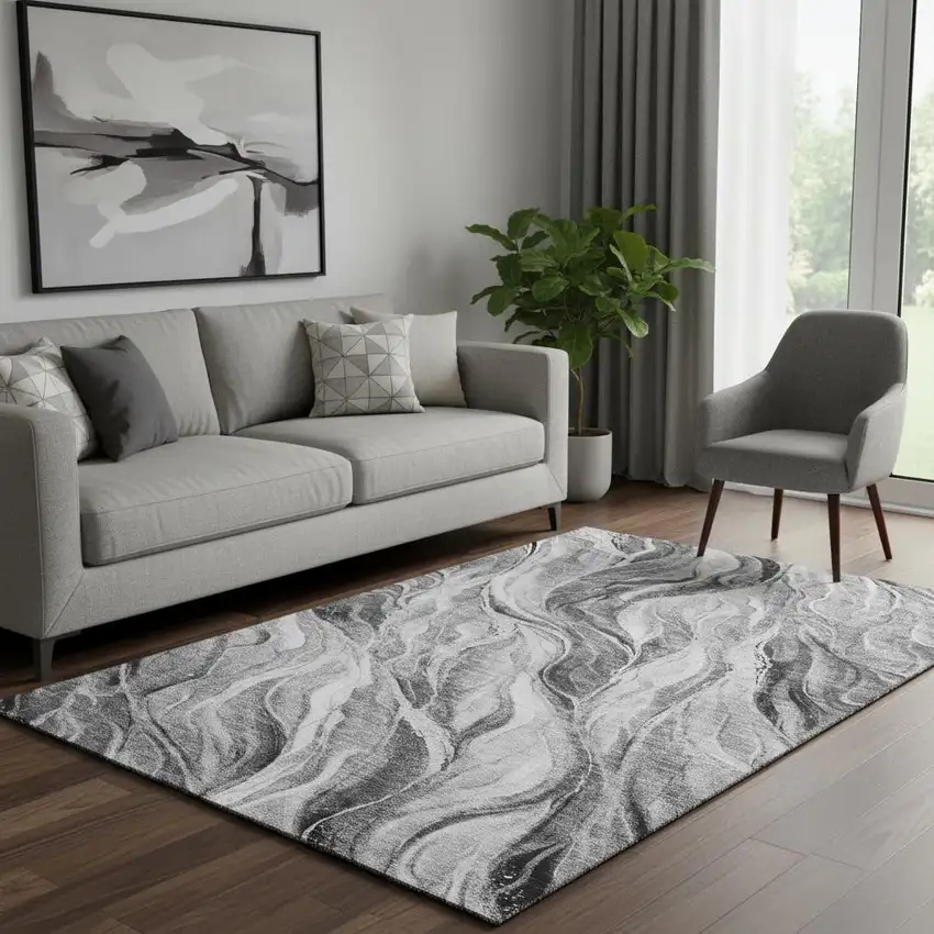 Gray And Ivory Abstract Washable Area Rug With UV Protection Photo 1