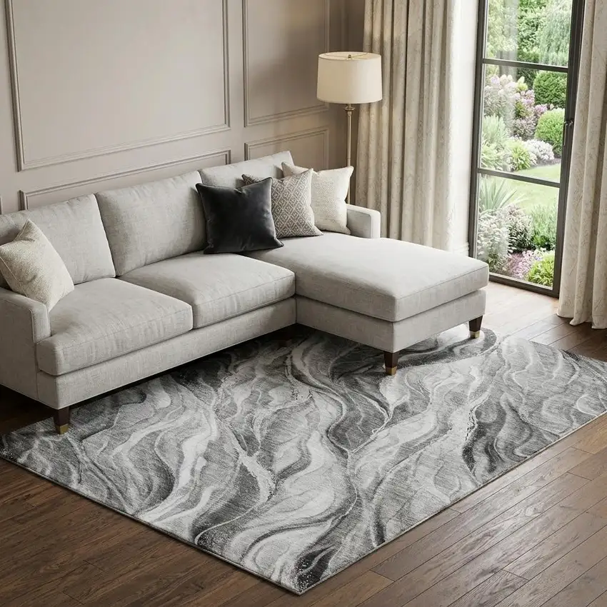 Gray And Ivory Abstract Washable Area Rug With UV Protection Photo 1
