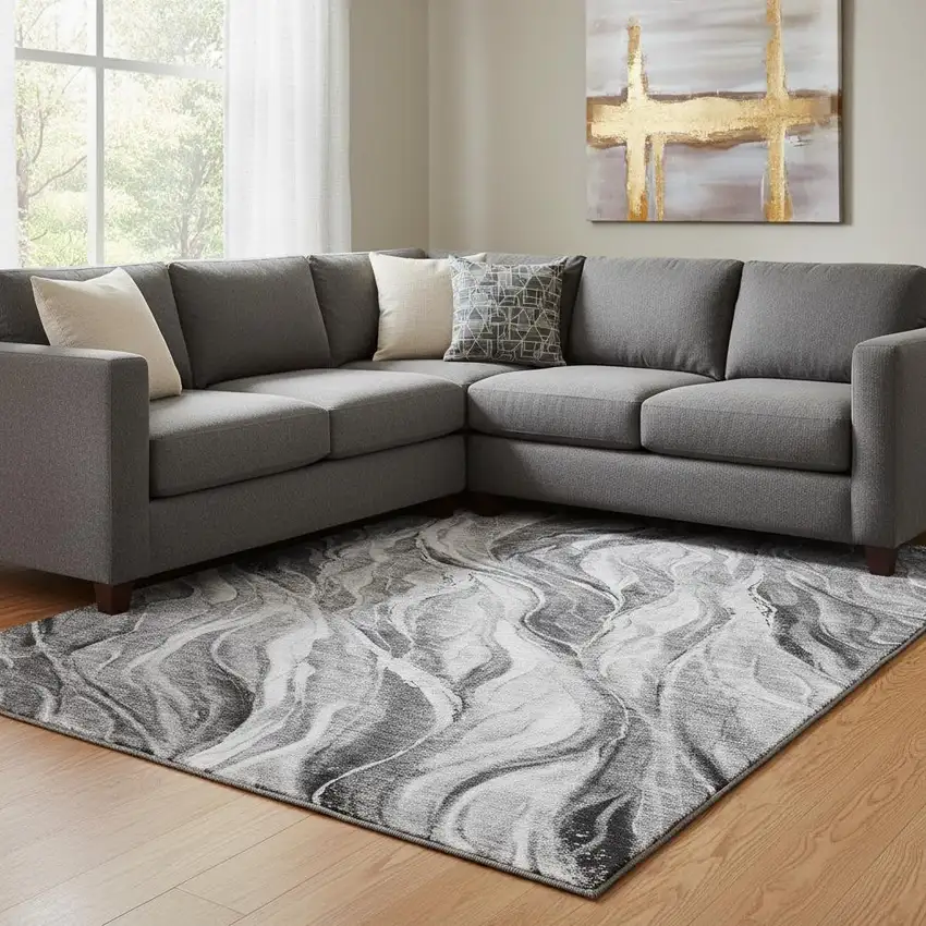 Gray And Ivory Abstract Washable Area Rug With UV Protection Photo 1