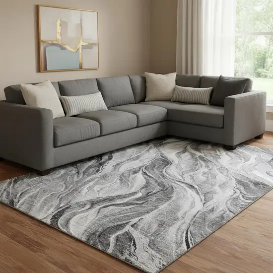 Gray And Ivory Abstract Washable Area Rug With UV Protection Photo 1