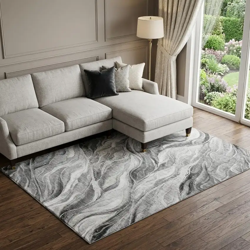 Gray And Ivory Abstract Washable Area Rug With UV Protection Photo 1