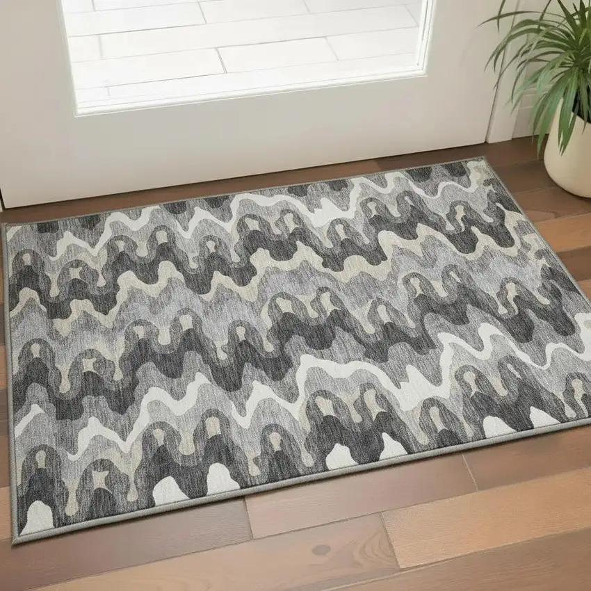 Gray And Ivory Abstract Washable Area Rug With UV Protection Photo 2