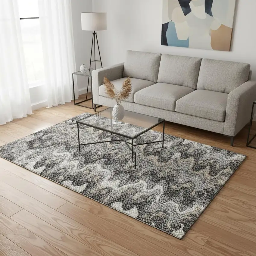 Gray And Ivory Abstract Washable Area Rug With UV Protection Photo 2