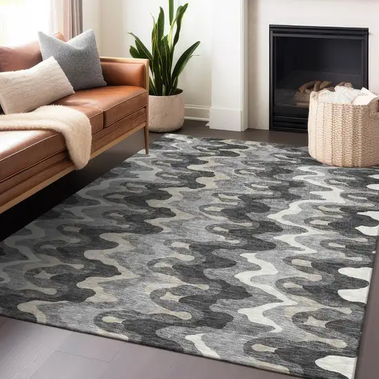 Gray And Ivory Abstract Washable Area Rug With UV Protection Photo 6