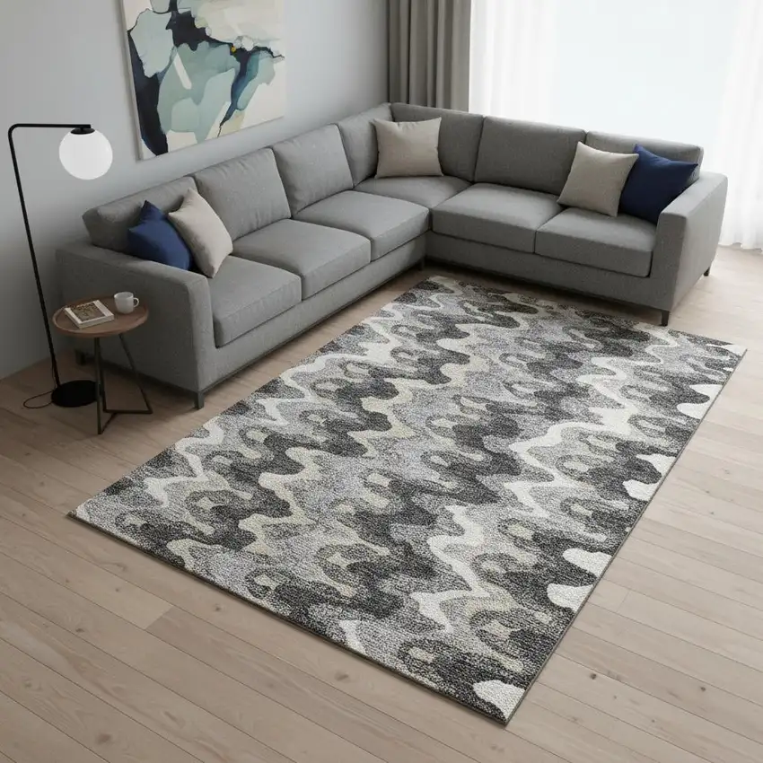 Gray And Ivory Abstract Washable Area Rug With UV Protection Photo 2