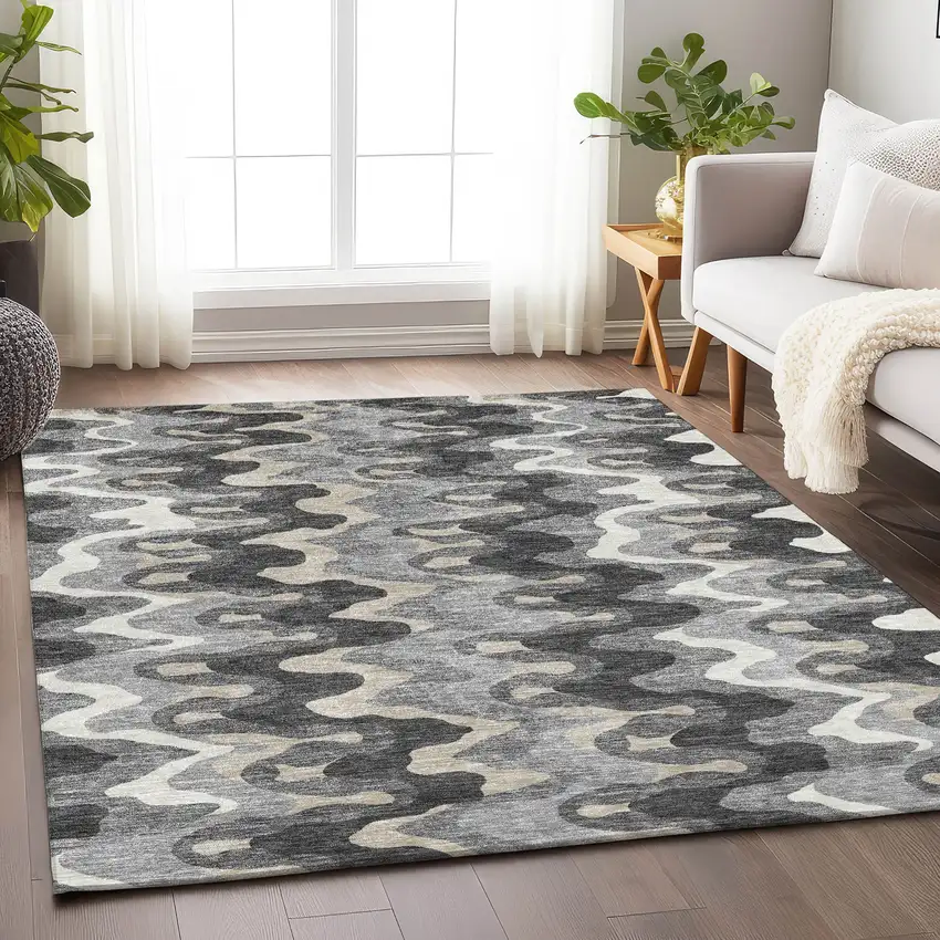Gray And Ivory Abstract Washable Area Rug With UV Protection Photo 5