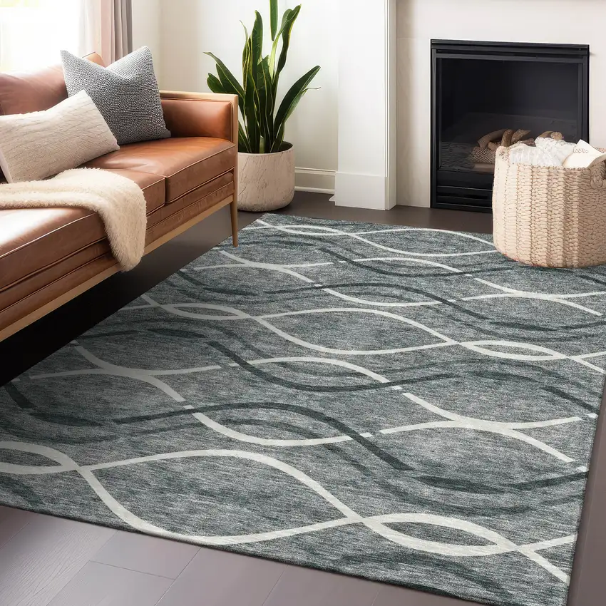 Gray And Ivory Abstract Washable Area Rug With UV Protection Photo 6