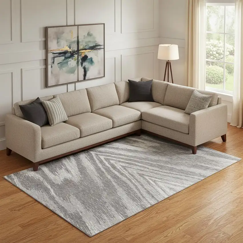 Gray And Ivory Abstract Washable Area Rug With UV Protection Photo 1