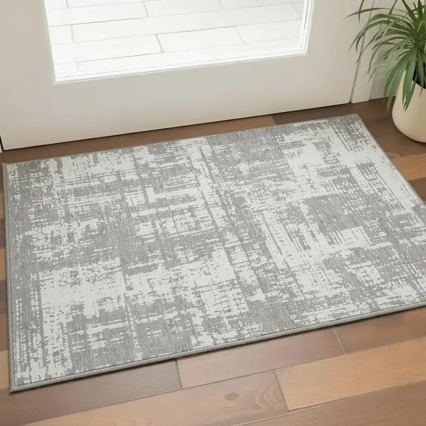 Gray And Ivory Abstract Washable Area Rug With UV Protection Photo 2