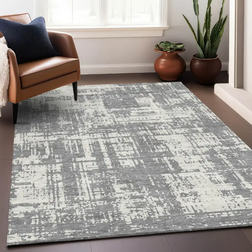 Gray And Ivory Abstract Washable Area Rug With UV Protection Photo 5