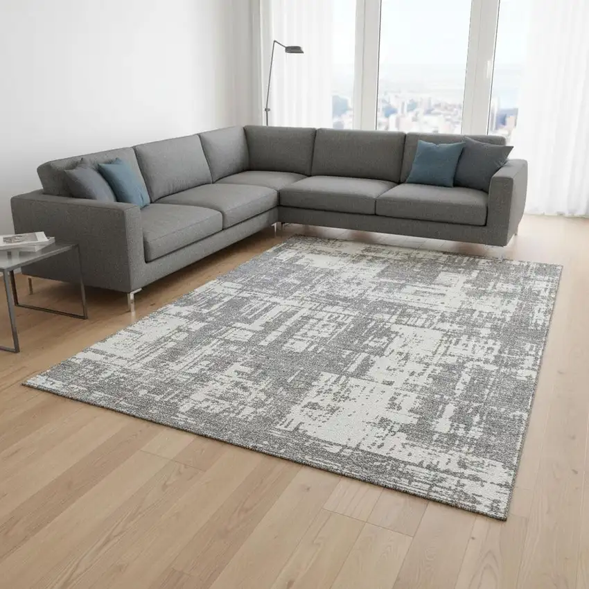 Gray And Ivory Abstract Washable Area Rug With UV Protection Photo 2