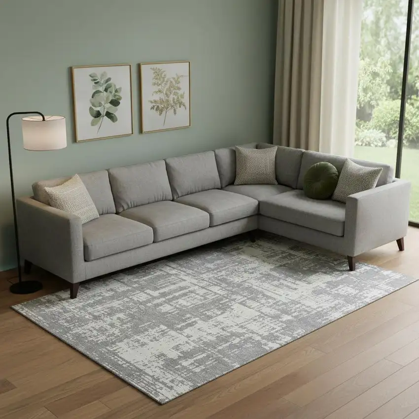 Gray And Ivory Abstract Washable Area Rug With UV Protection Photo 1