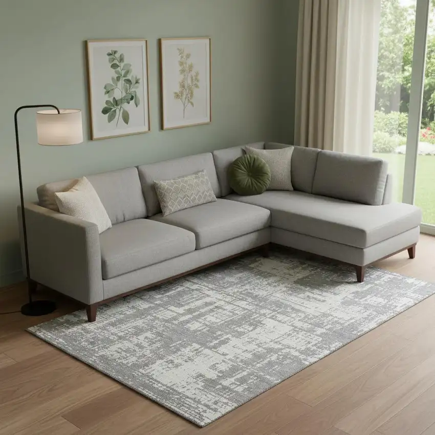 Gray And Ivory Abstract Washable Area Rug With UV Protection Photo 1