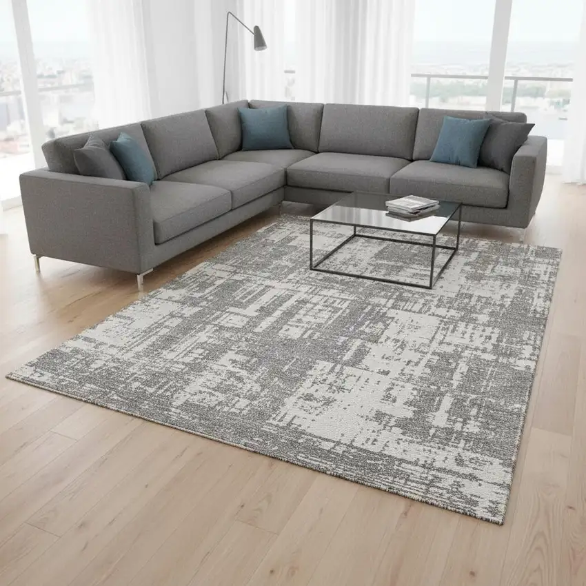 Gray And Ivory Abstract Washable Area Rug With UV Protection Photo 2